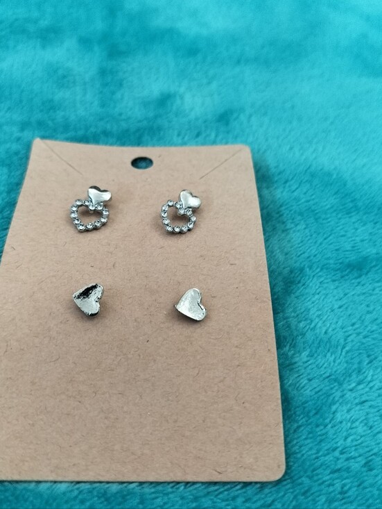 Jewelry - Silver Heart Stud Earring Set - Rhinestone Circle & Solid Hearts